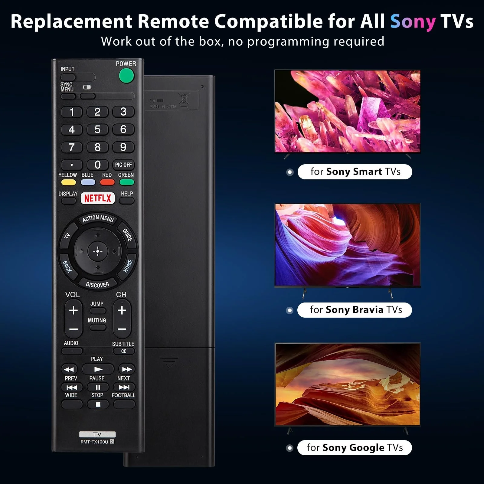 RMT-TX100U Replacement Remote Control Universal for Sony Bravia TV,Compatible with Sony LCD LED HDTV UHD Smart TV,NO Setup