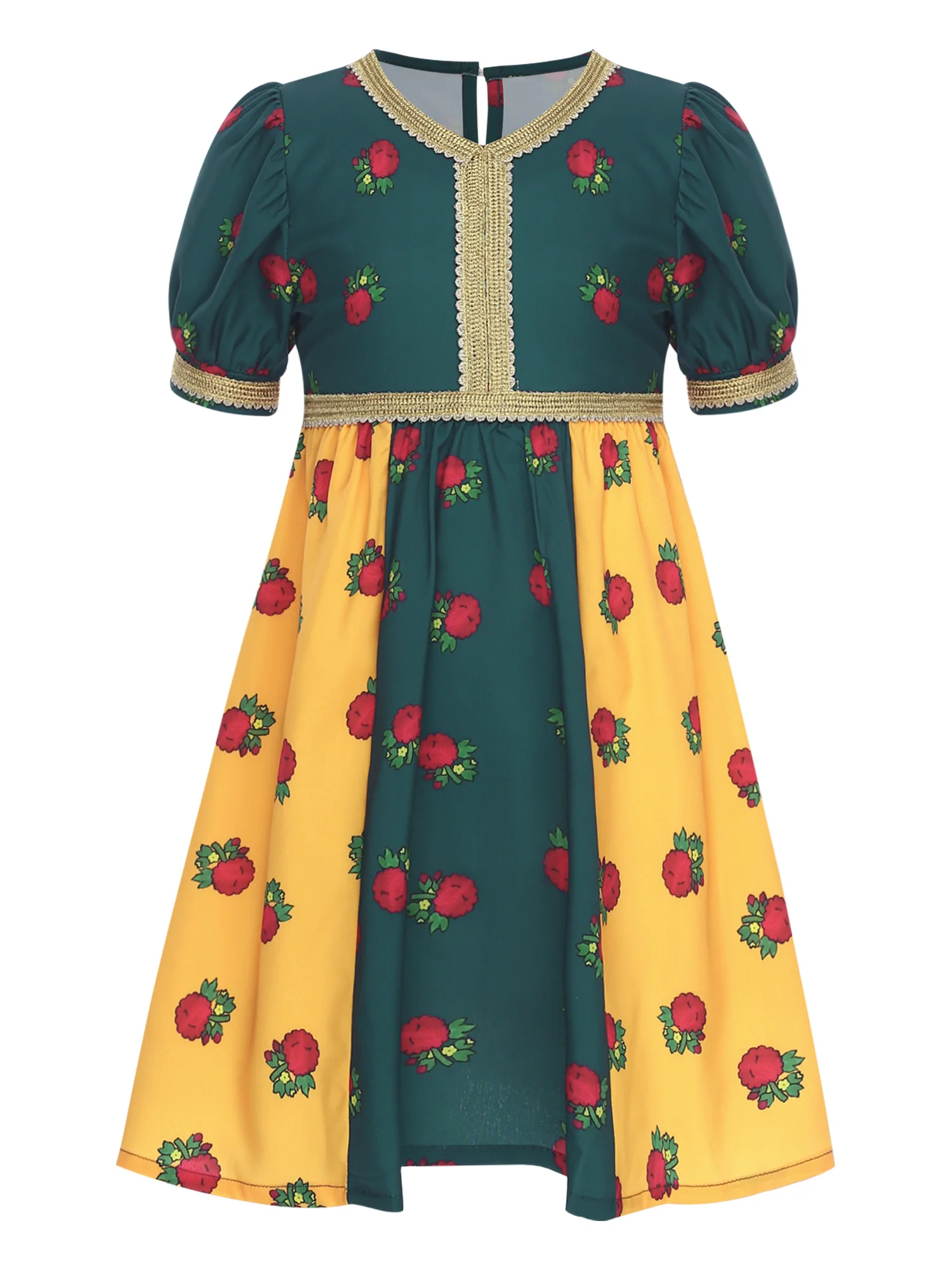

Summer Kids Girls Retro Ethnic Dress Short Sleeve Gold Lace V Neck Floral Color Block High Waist Gown Dress for Party Daily Wear