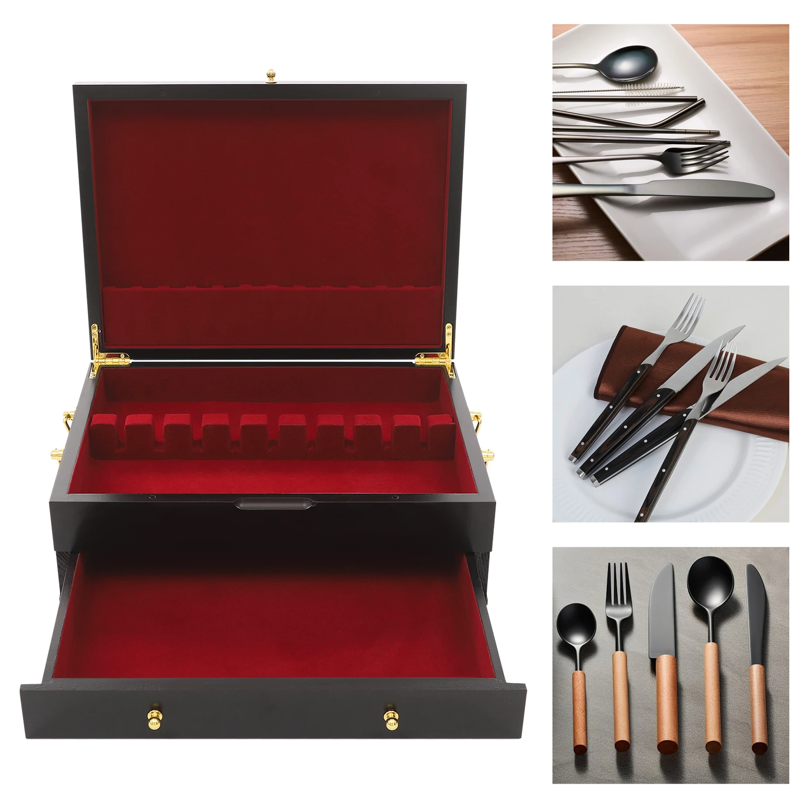 

Pine Wood 2-Tier Cutlery Organizer, Kitchen Organizer for Fork/Spoon/Knife, Wooden Countertop Storage Box Silverware Case