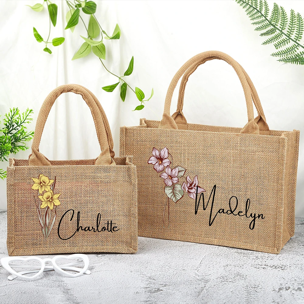 Custom Burlap Tote Bag as Personalised Gift for Women Bridal Shower Small Jute Tote Bag Birth Flower Bridesmaid Proposal Gift