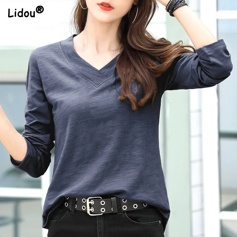 

Popularity T-Shirts Casual V-neck Long Sleeve Trend Solid Spring Autumn Cotton Loose All-match Comfortable Wild Women's Clothing