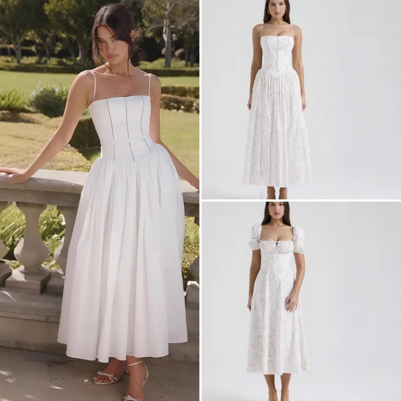 

Fashionable 2025 Summer New Tank Low-Neck Sleeveless Waist-Fitted Printing Large Wide Skirt Women's Long Dress
