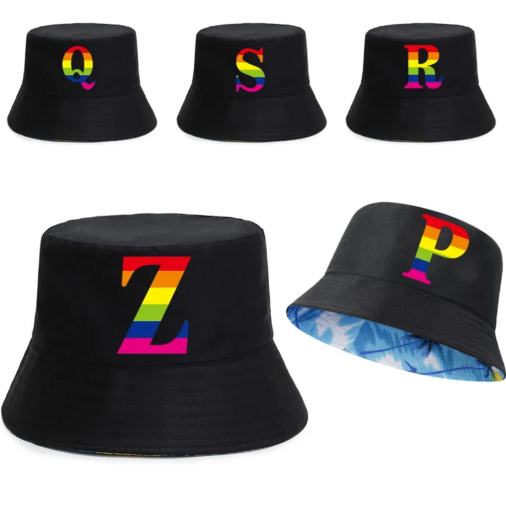 

Unisex Summer UV-proof Visors Cap New Double-sided Fisherman Caps Pure Cotton Beach Fishing Hat Rainbow Letter Print Bucket Hats