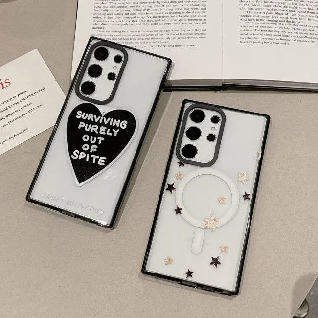 

Creative Star Heart MagSafe Acrylic Black Border Case for Samsung Galaxy S22 Ultra S23 Ultra S24 Ultra Cover Protective Shell