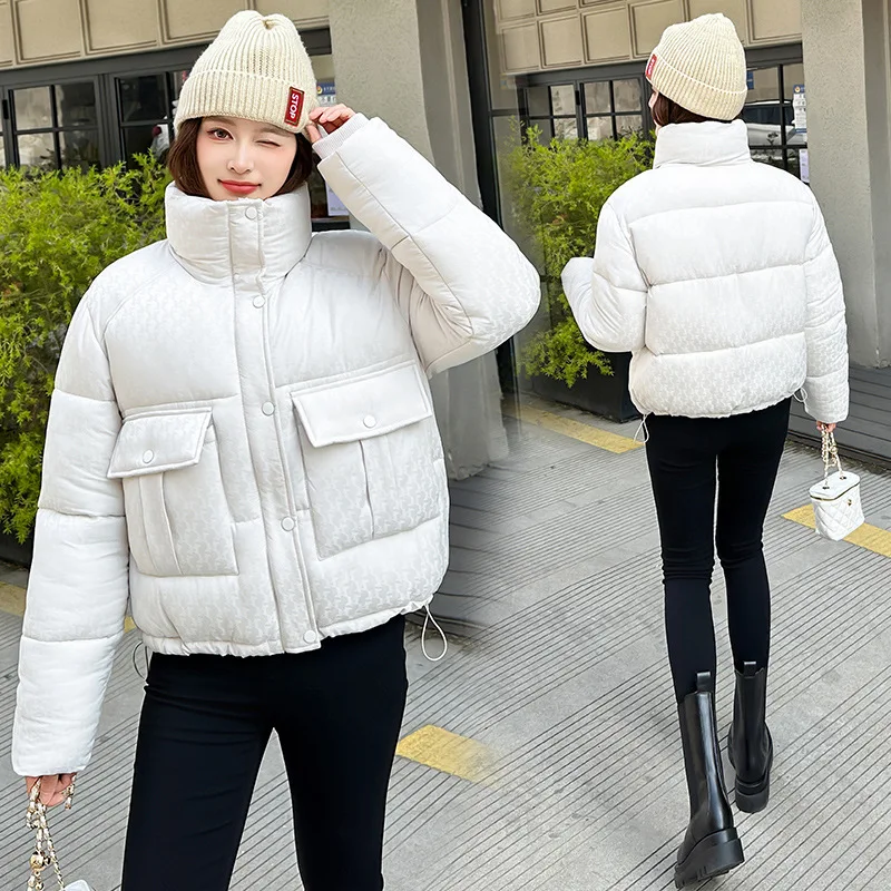 Parkas Coat Women Solid Short Jacket Pocket Drawstring Zipper Stand Collar Long Sleeve Loose Fit  Office Lady Casual 2025 Winter