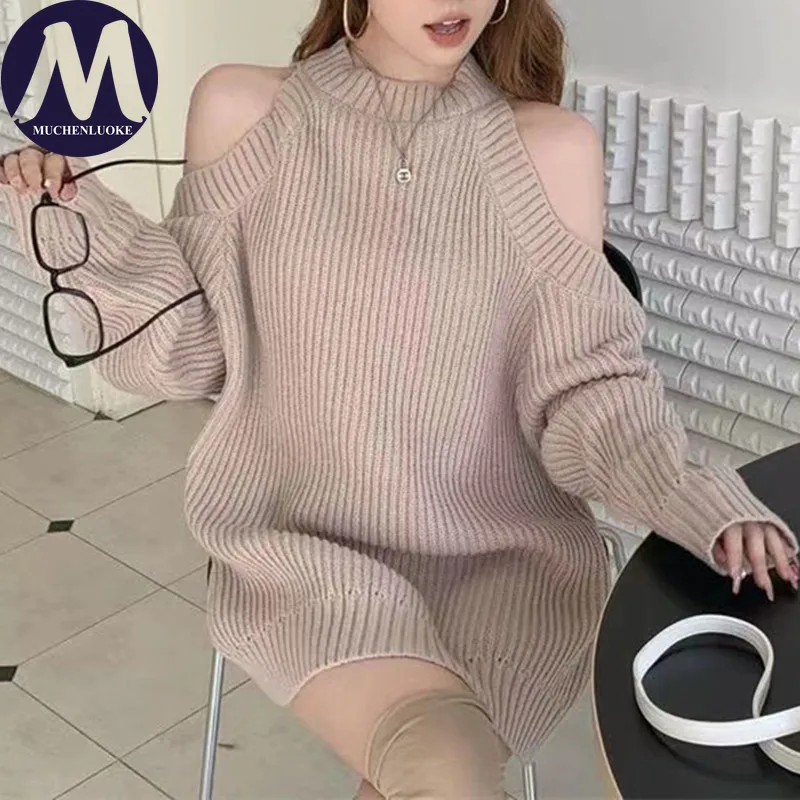 

Women's Sweater Autumn Winter Korean Fashion Half High Collar Hanging Neck Off Shoulder Knitted Sweater Casual Loose Pullovers