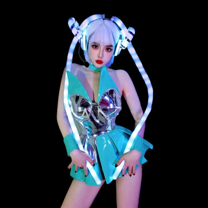 

Bar Singer Concert Stage Performance Clothes Women Drag Queen Costume Sexy Stage Blue Patent Leather Dress LED Glow Headgear Set