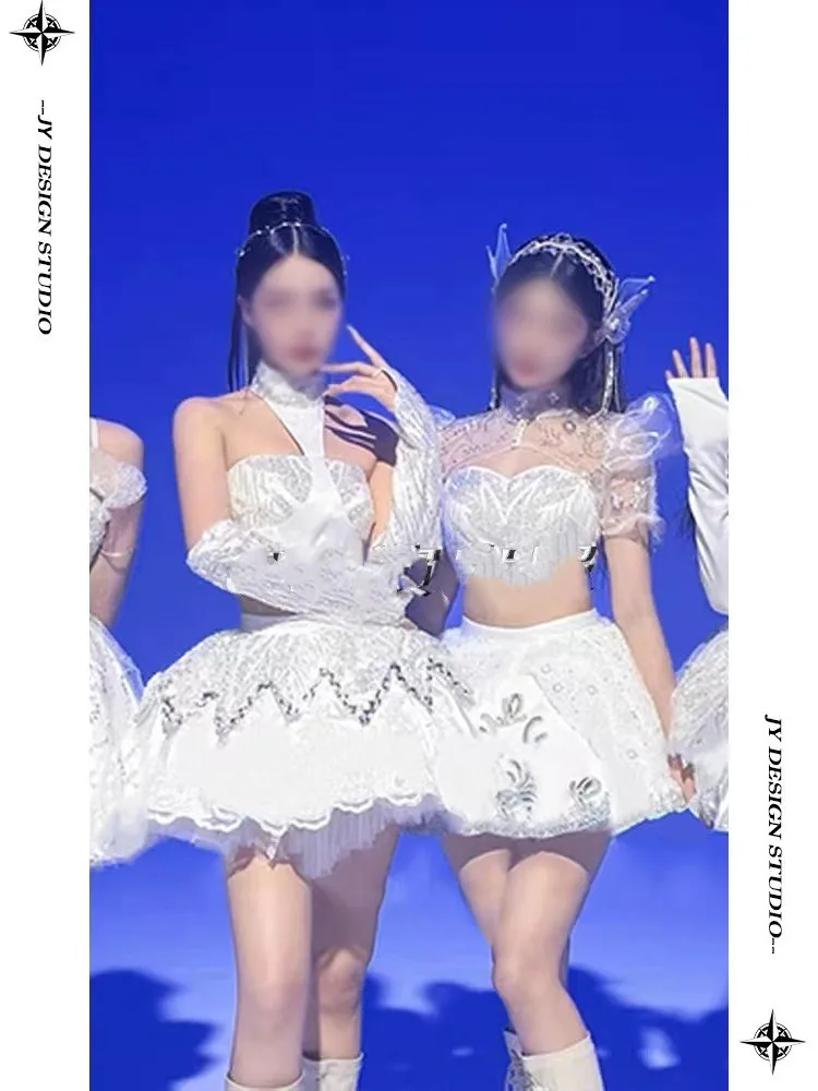 White Jazz Performance Costume Set for Women Stage Show Host KPOP Dance Team Uniform Chinese Manufacturer All Seasons Use