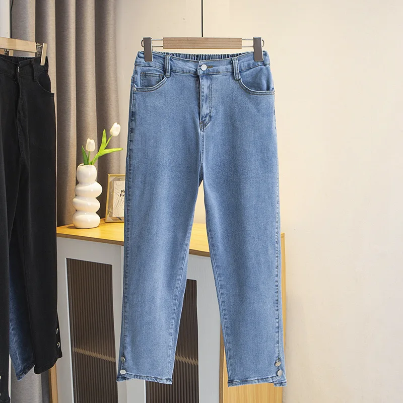 

Plus Size Boyfriend Black Drainpipe Jeans For Women HIGH Waist Button Leg Opening Slim Denim Cotton Ankle-Length Straight Pants