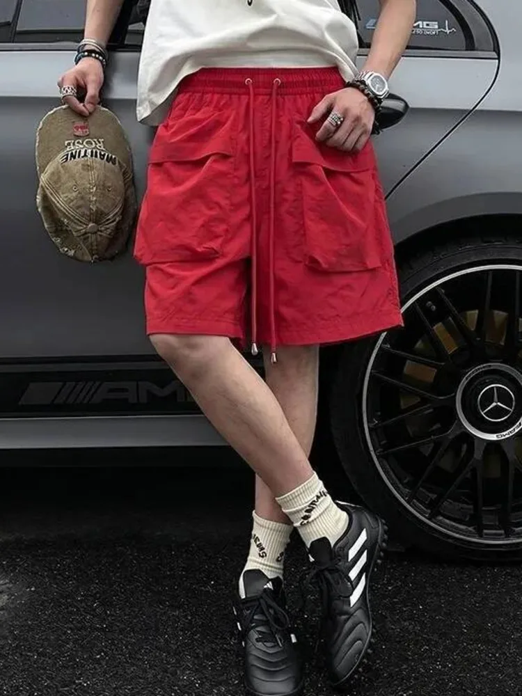 Men's Summer Casual Shortshigh Street Vibe Workwear Shorts With Large Pockets Loose Elastic Waist Wide Leg Pants OLLS
