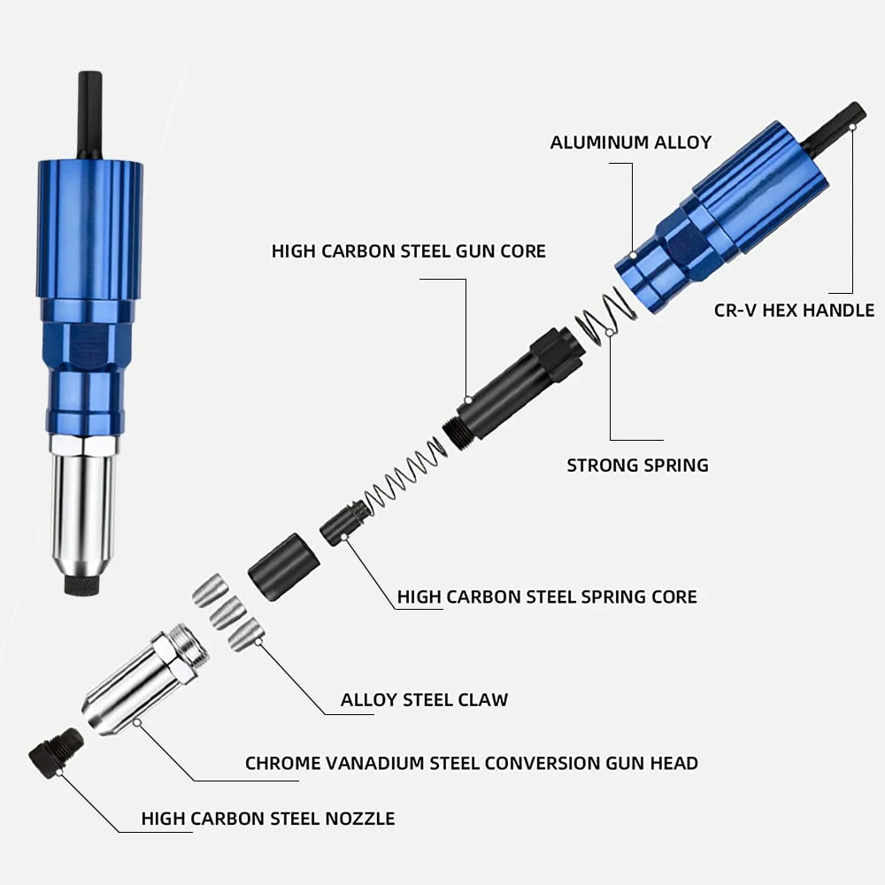 Imagem -04 - Rebite Elétrico Portátil Gun sem Fio Nut Gun Adaptador de Broca Economia de Trabalho Rebites Cegos 2.4 Mm4.8 mm