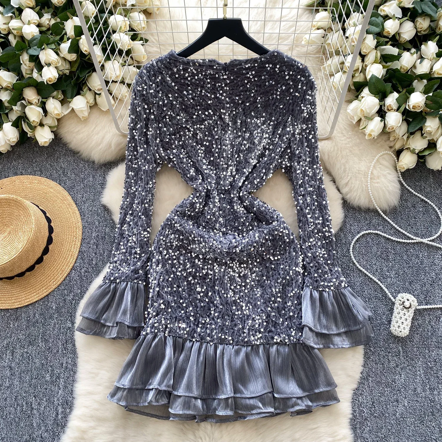 Elegant Long Flare Sleeves Vintage O-neck Chic Sequin Ruffle Sexy Slim Velour Dresses French Evening High Street Winter Clothing