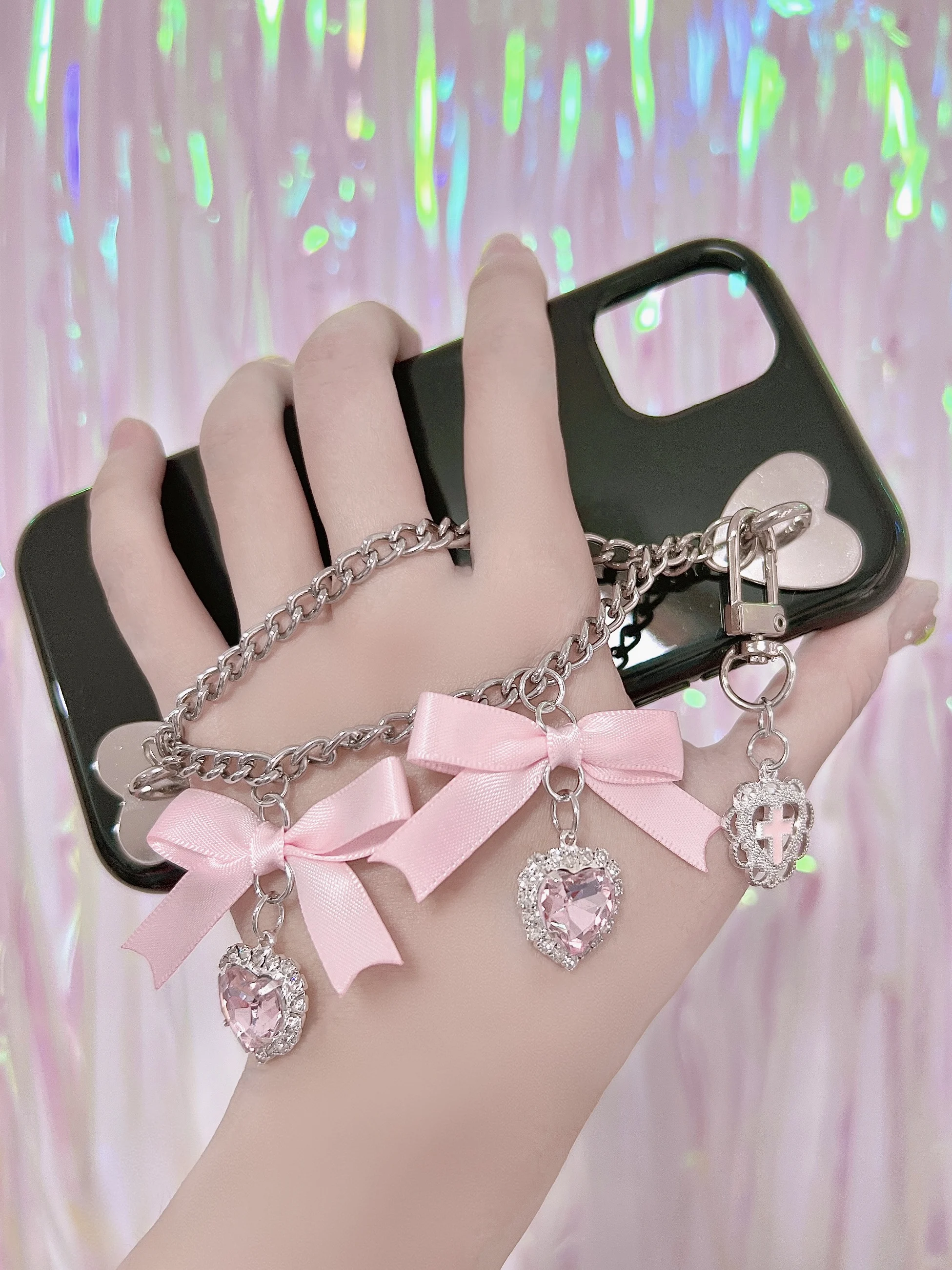 Japanese Mine Iphone15 Chain Punk Cool Phone Case Female Girls Apple 14promax Bow Rhinestone Bow Rhinestone Mobile Phone Case