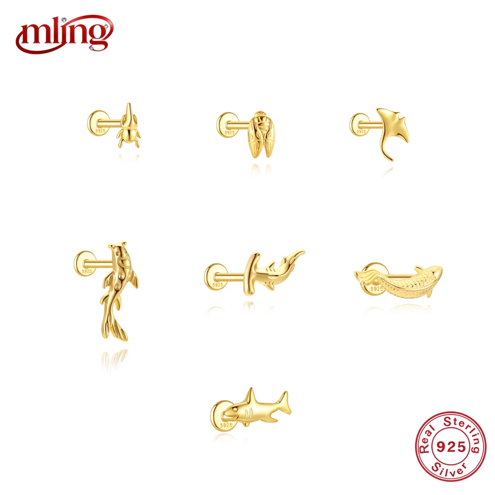 

Серьги-гвоздики MLING из стерлингового серебра 925 пробы с позолотой 18K, в виде счастливых животных (рыба, карп, акула, насекомое), гладкие, для женщин, подарок