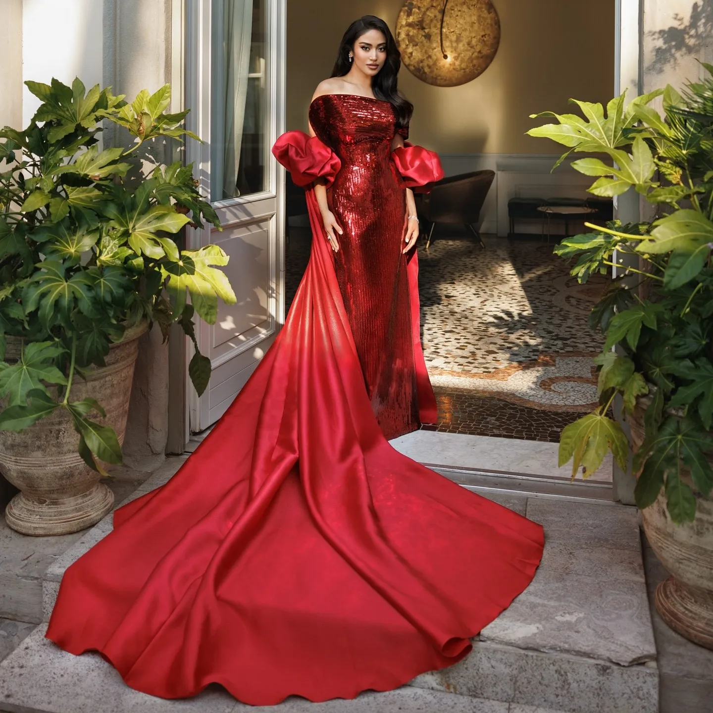 

Удивительные красные вечерние платья русалки с блестками и длинной накидкой-бицепсом, длинное вечернее платье из двух предметов, свадебное платье