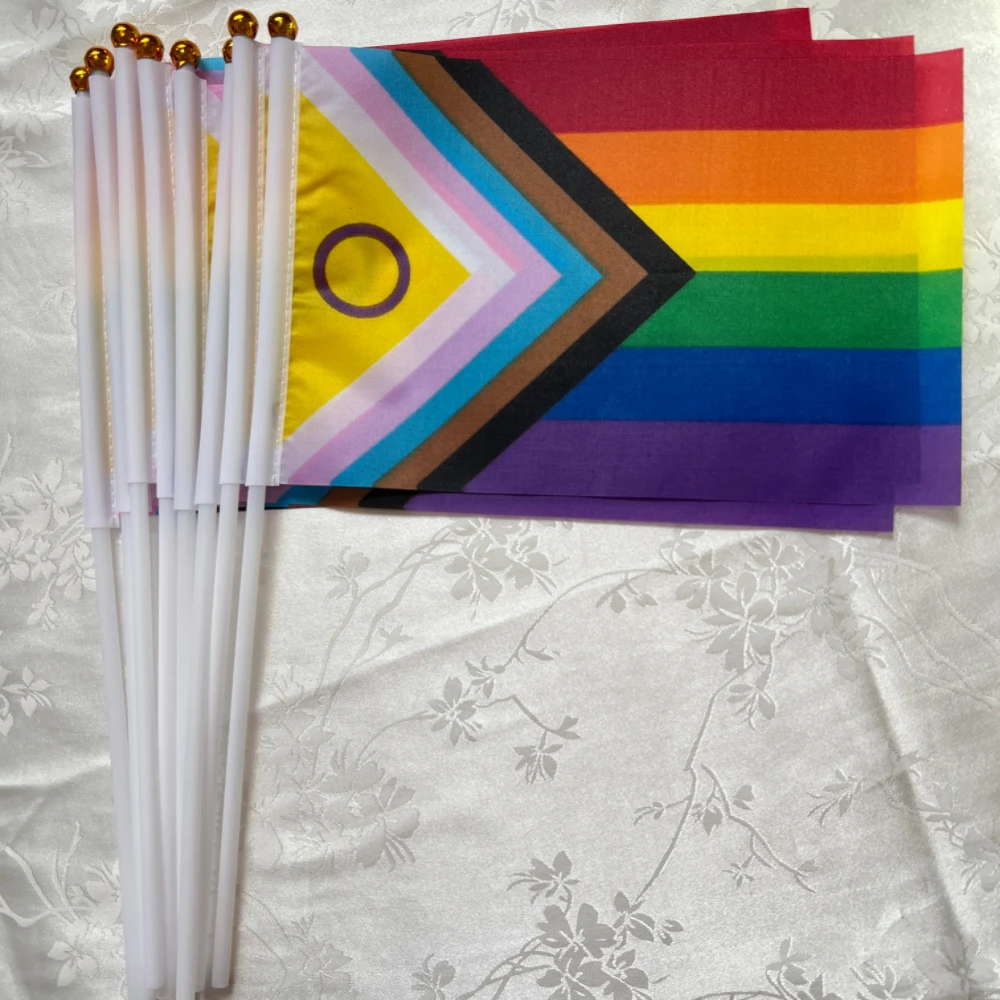 LGBT Hand Flag Rainbow Flag 14x21Cm Plastic Stick Rainbow Hand Flag Gay Lesbian Homosexual Bisexual Pride Hand Flag