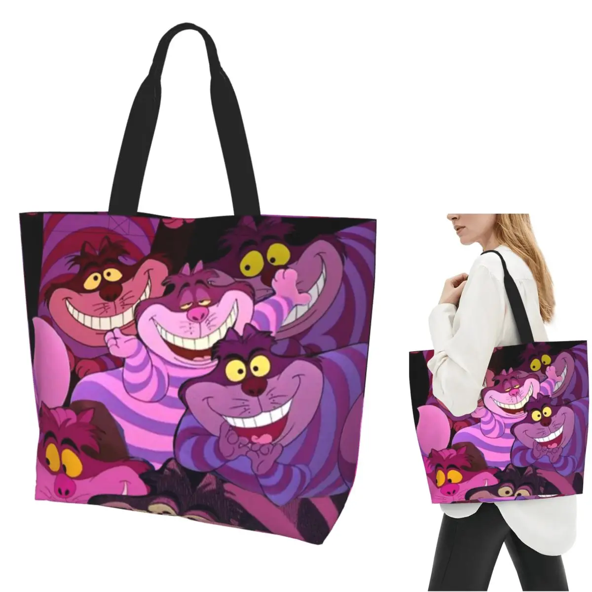 

Cheshire Alice Cats Cartoon Shopping Tote Bag Canvas Large Capacity Shoulder Bags Shopper Grocery Handbag for Women