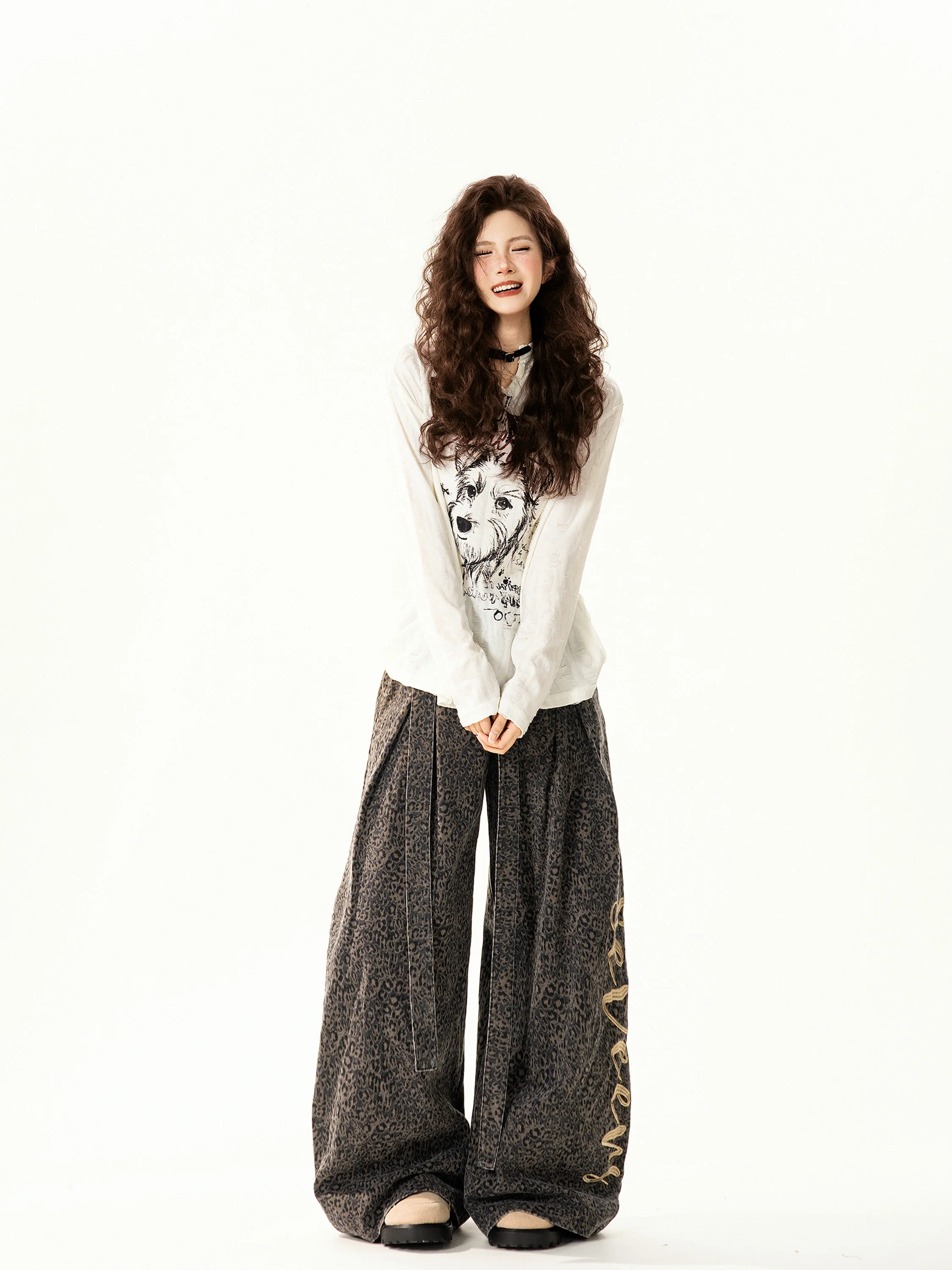 

American Sle Retro Long Sve T-irt Women Loose Casual Dog Print Top Trendy Spring Commute Sle Universal Fit Long Sve