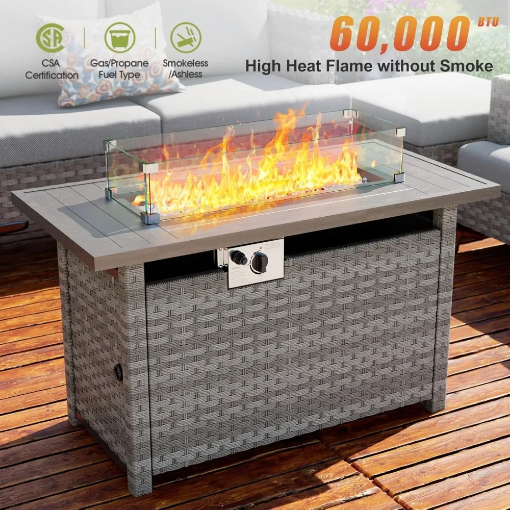 Fire Pit Table with Wind Guard for Outdoor, Auto-Ignition Propane Gas Firepits Rattan Rectangular Table for Outside Patio 60,000