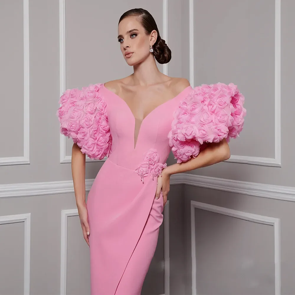 Robe de Soirée Sirène Rose Personnalisée à Manches Courtes et Col en V, Vêtement Formel avec Traîne, à la Mode, pour Célébrité D, 2024