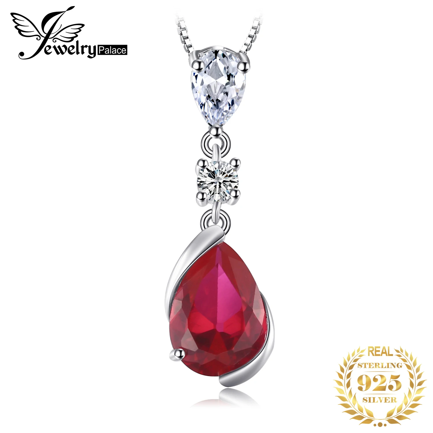 JewelryPalace 2.6ct Pear Created Red Ruby 925 Sterling Silver Pendant Necklace for Woman Fashion Gemstone Jewelry No Chain