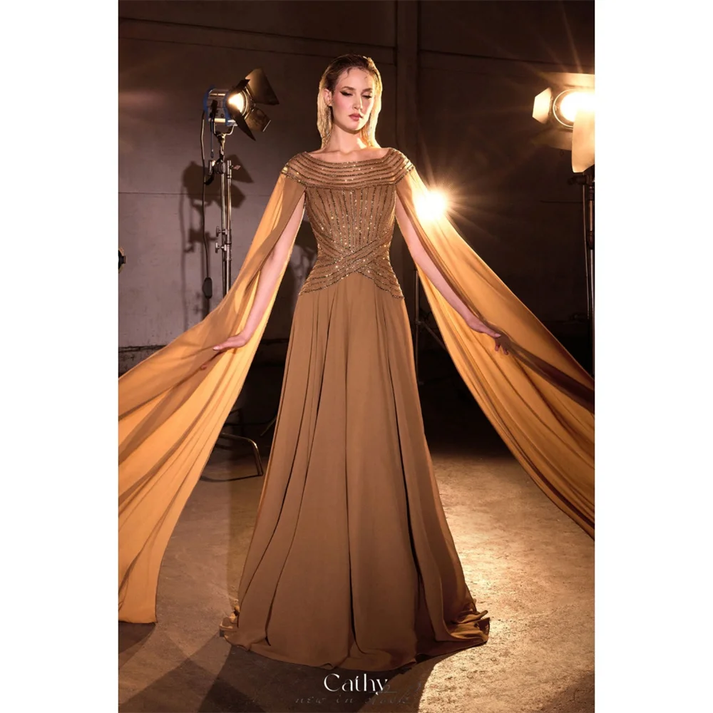 

Cathy Коричневые блестящие бусины с накидкой для выпускного вечера, шифоновое платье трапециевидной формы с круглым вырезом, вечерние платья длиной до пола, 2025