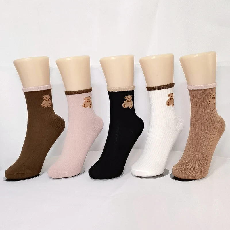 5Pair Cute Bear Socks Kawaii Cute Women Socks Tube Socks Ins Trendy All-match Girls Student Socks Summer White Ladies Thin Socks