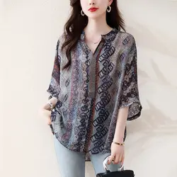 Temperament Office Lady V-Neck Summer Women's Printing Diamonds Fashion Casual Three Quarter Loose Mid-length Chiffon Shirt Tops