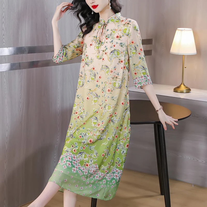 

Summer Fashion Silk Printed Mulberry Silk Dress For Women 2023 New Improved Cheongsam Loose Fit Holiday Party Vestidos