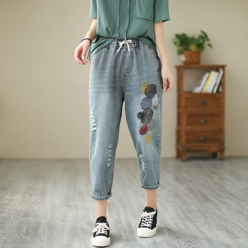 Vintage Embroidered Capris Casual Elastic High Waist Jeans For Women Loose Harem Denim Pants