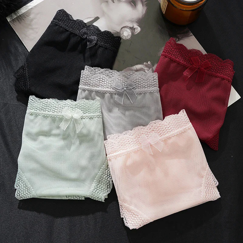 Women sexy lace net yarn thin briefs girls bow hollow out transparent low-rise seamless underpants image 4