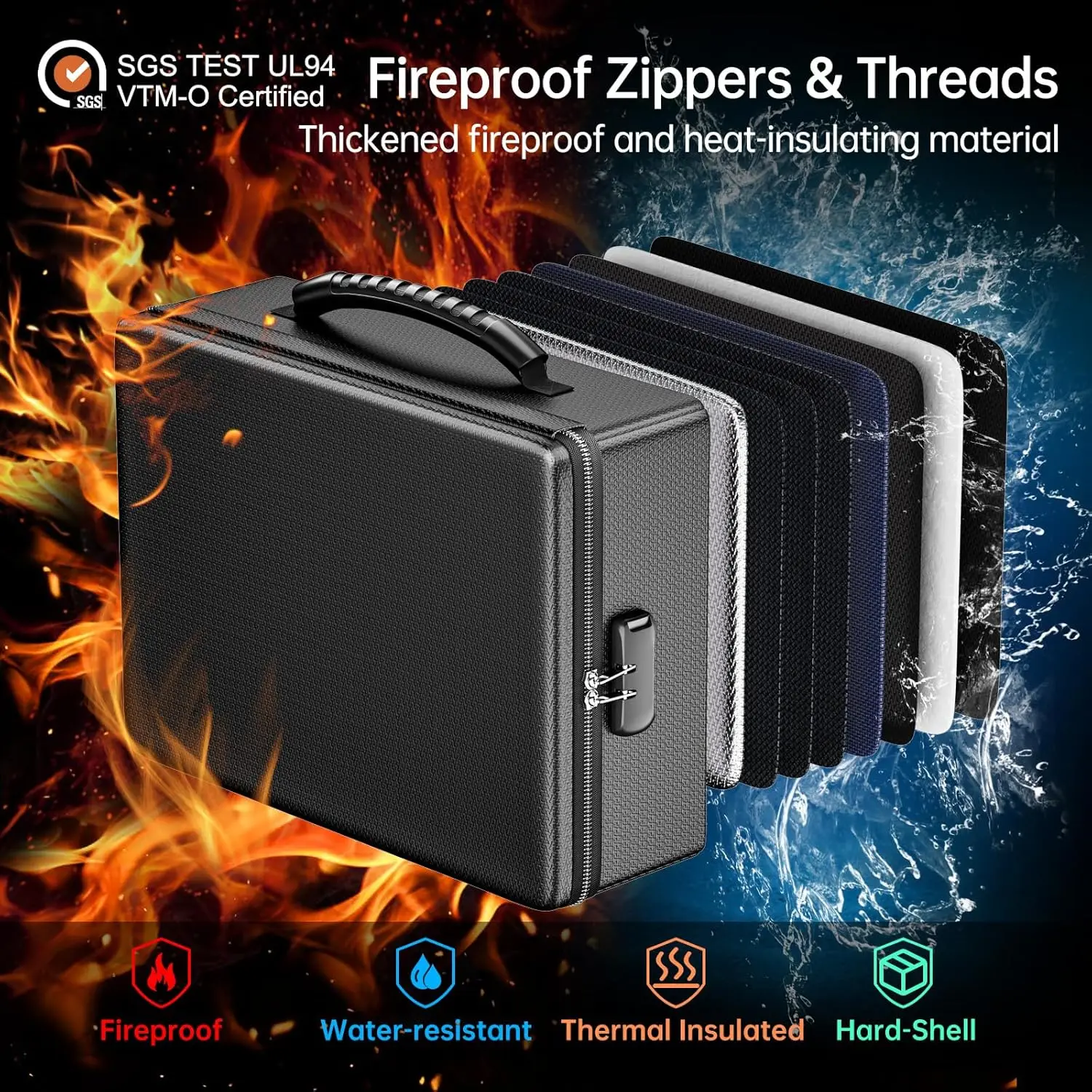 Fireproof Document Box with Lock, Heat & Water Resistant Portable Storage for Files, Laptop, Cash - Black