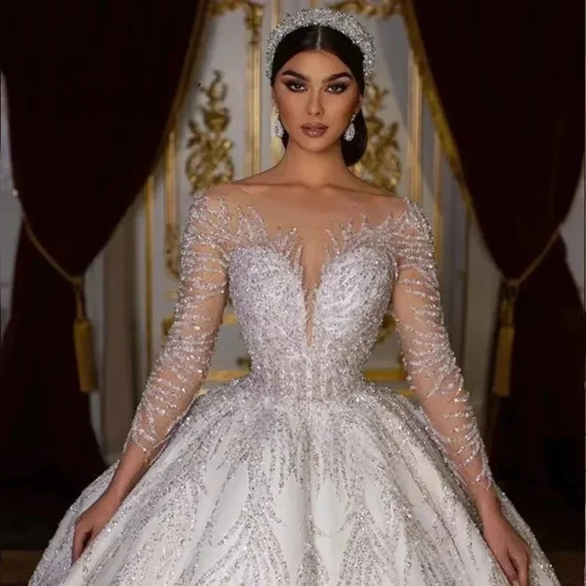 Luxury Wedding Dresses Ball Gown Long Sleeves Sparkly Beaded Bridal Gown Saudi Arabia Dubai Islamic Vestido De Noiva Customized