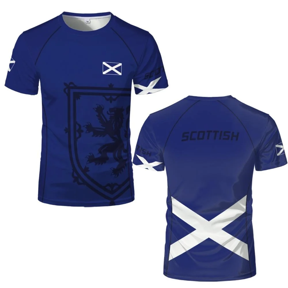 Scotland Flag Pattern Round Neck Short-Sleeve T-Shirt Hexagonal Grid Print Casual Top for Daily Sports