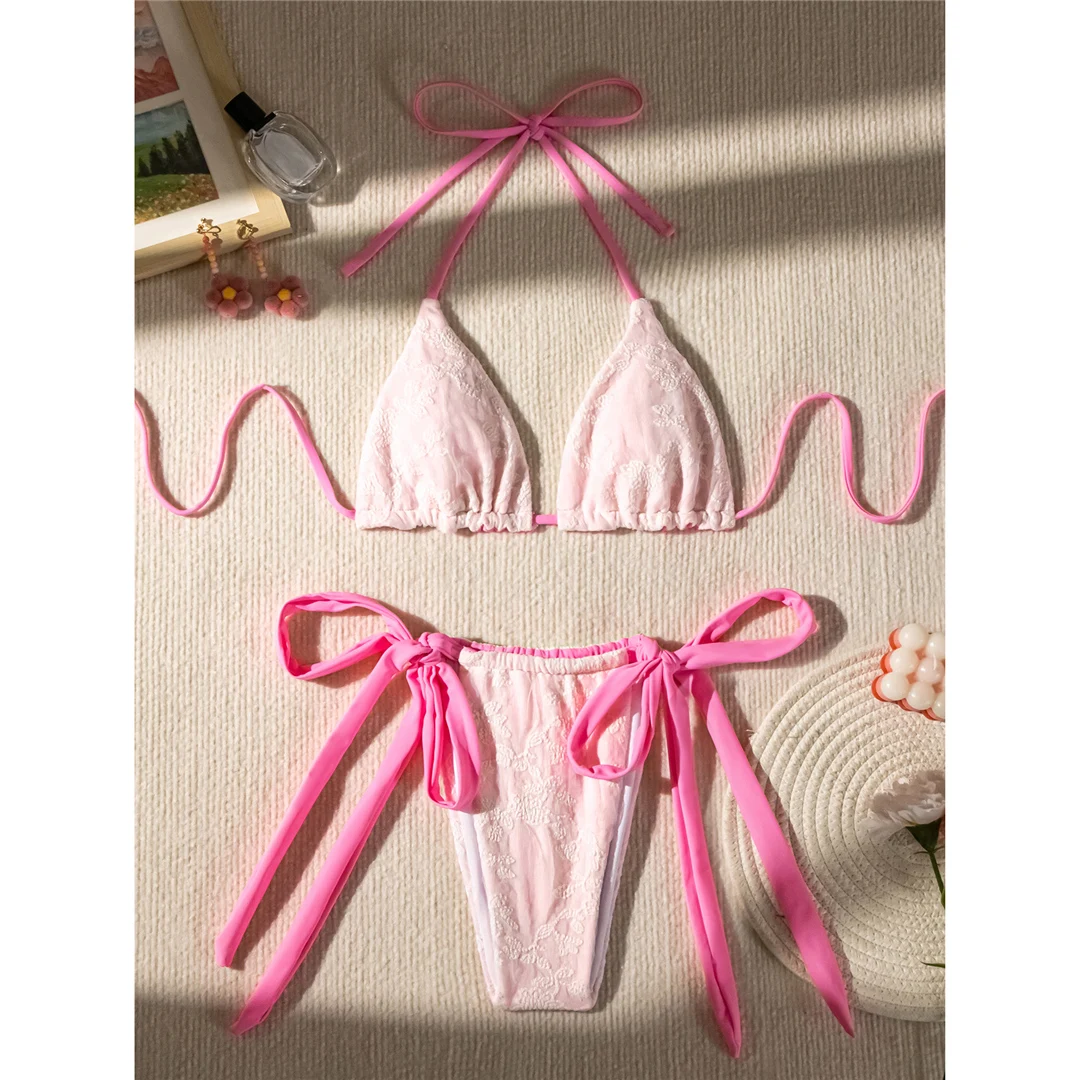 Bestickter Neckholder-Bikini mit Trägern, Damen-Badeanzug, zweiteiliges Bikini-Set, hoch geschnittener Badeanzug, Badebekleidung, Modell V5432 – Detail 12