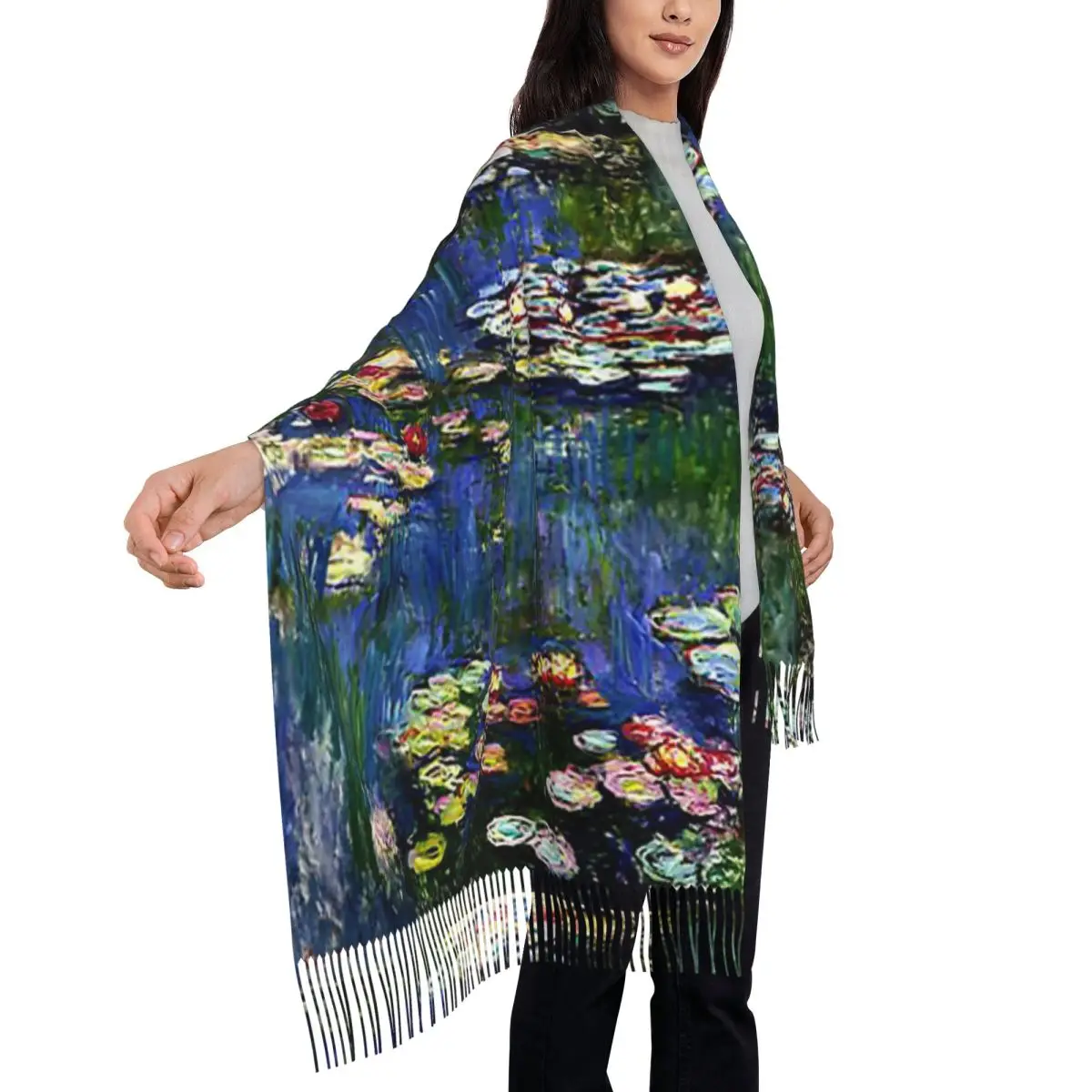 الإناث طويلة زنابق الماء كلود مونيه وشاح شرابة الأوشحة للنساء لينة الدافئة شالات و يلتف كبير الخريف الشتاء شال التفاف