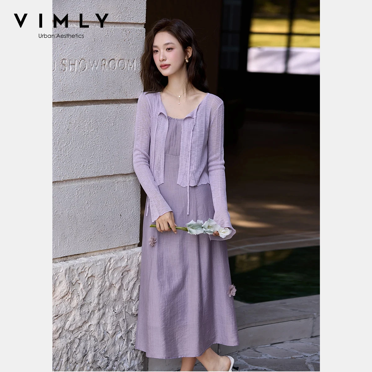 

VIMLY Women's Dress Sets 2026 Spring New Flared Sleeve Knit Cardigan 3D Floral Applique Slip Dress Elegant 2 Piece Set A2995