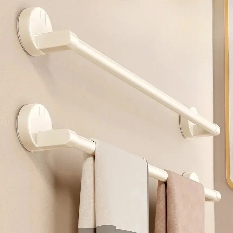 Cream White Space Aluminum Towel Rack, Wall Mount Adhesive Bathroom Towel Bar, No Drill Suction Rod Holder for Kitchen Toilet