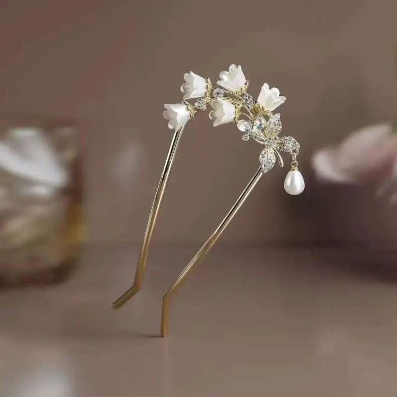 Chinese Hanfu Hair Accessories Long Tassel Vintage Lily Of The Valley U-shaped Hairpins Flower Handmade Hair Sticks For Women view 3
