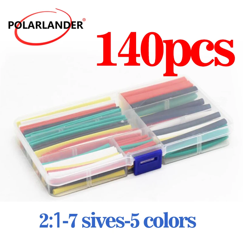Multi‑Color 140Pcs Heat Shrink Tube Kit 2:1 Shrink Ratio Polyolefin Electrical Cable Insulation Sleeving with Plastic Box