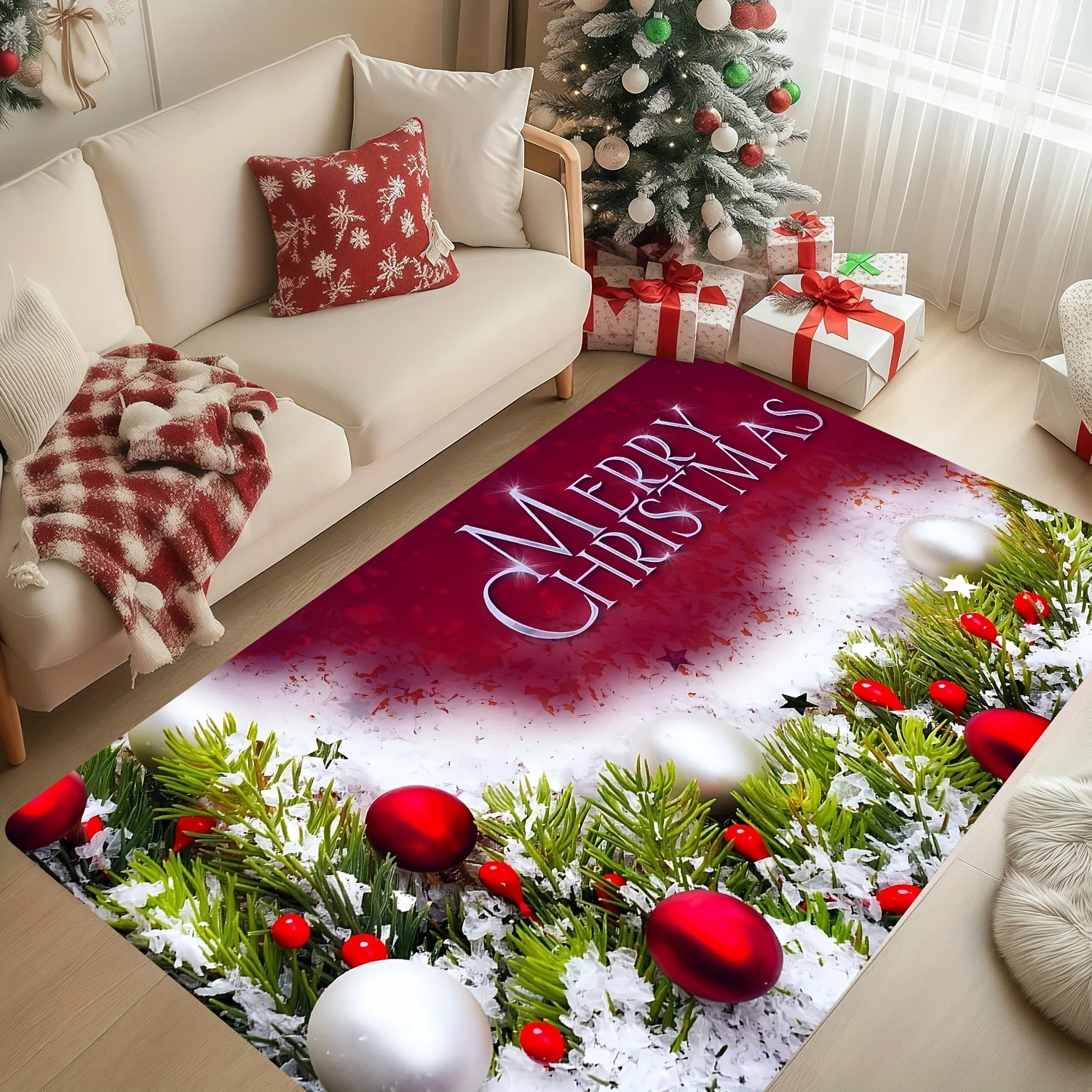 1pc 2D Flat Merry Christmas Pine Branch Bauble Snow Berry Printed Floor Mat, Decorative Rug for Living Room, Bedroom, Home