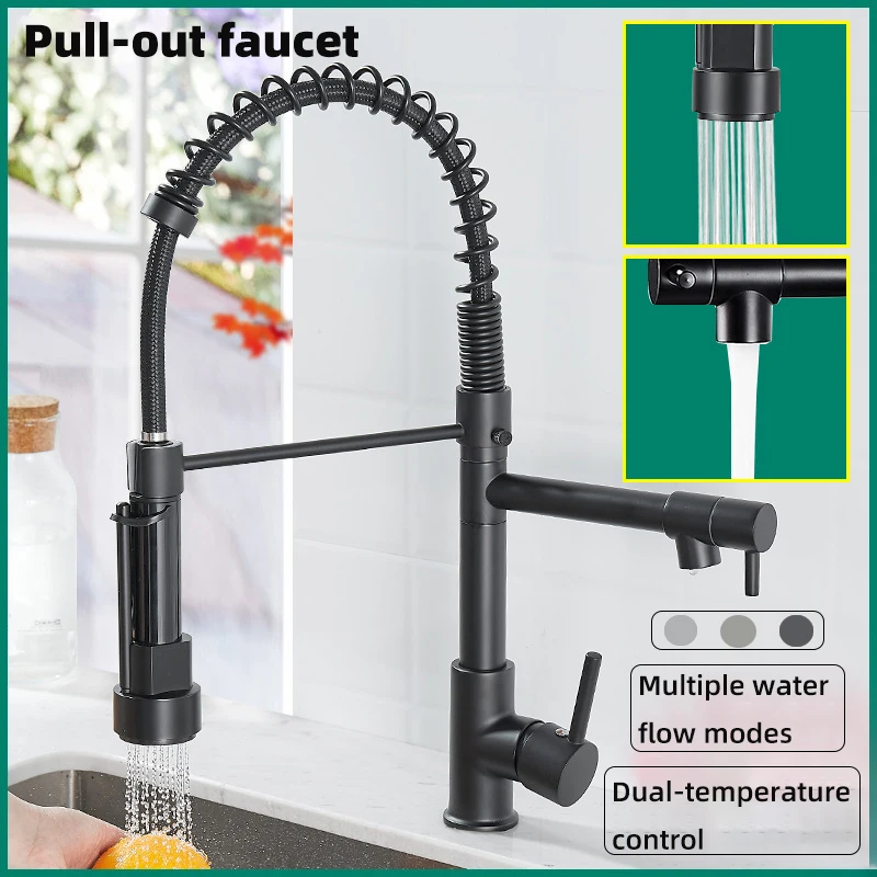 

Кухонный подпружиненный выдвижной смеситель для смешивания горячей и холодной воды на 360° ° Вращающийся гибкий шланг с двойным выходом, кран