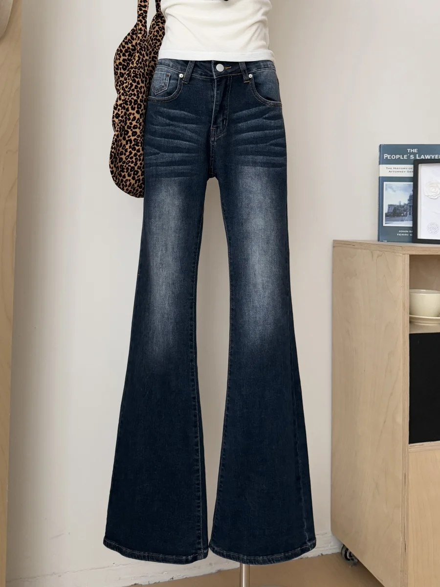 

Trending Women's High Waist Flare Jeans Dark Blue Vintage Washed Denim Bell Bottom Trouser Summer Casual Wide Leg Pants