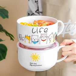 Cartoon Ceramic Instant Noodle Bowl Sealed Leakproof Soup Bowls for Student Office Meal Prep Food Containers Kitchen Tableware