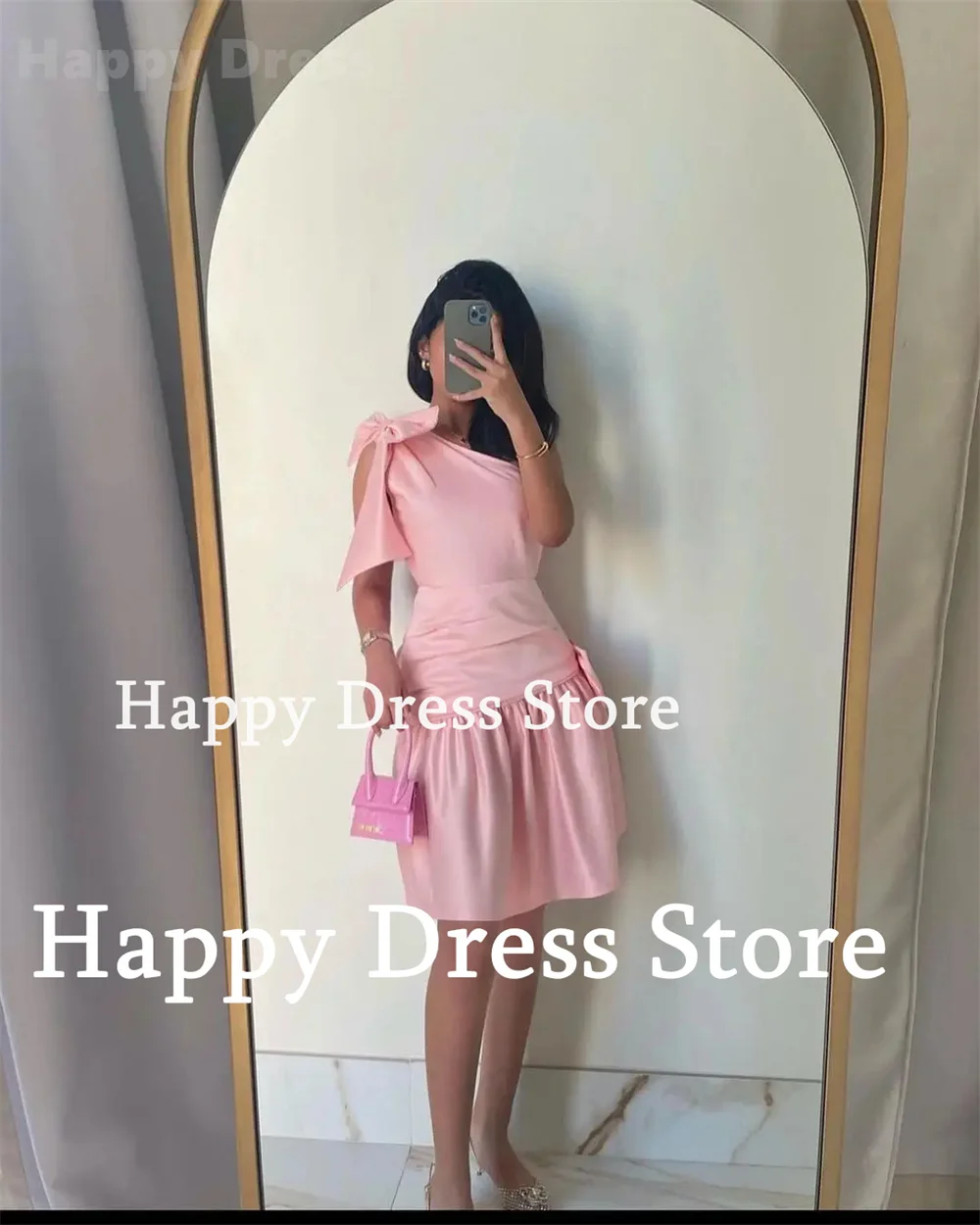 Vestido cetim sem mangas de um ombro para meninas, lindo baile rosa, vestido curto de baile, feliz vestido de baile, novo