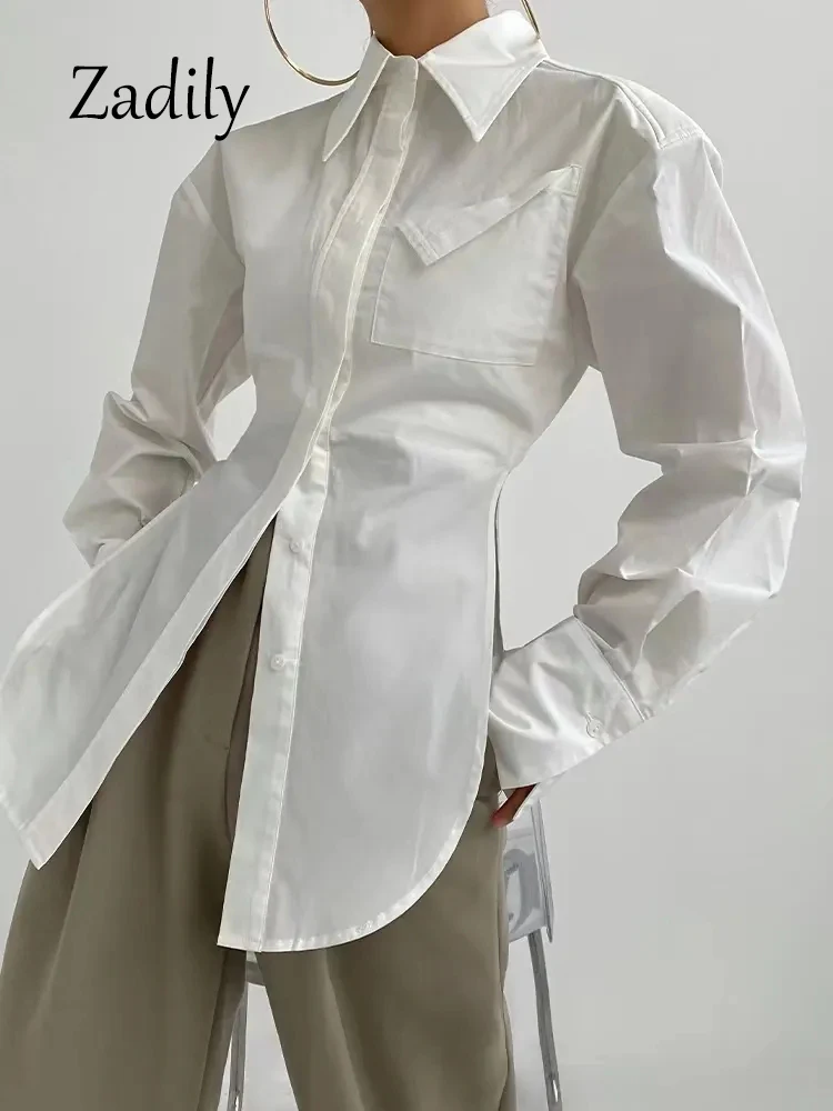 

2025 Spring Minimalist Full Sleeve White Long Shirt Women Pocket Button Up Split Ladies Tunic Blouse Office Lady Female Tops