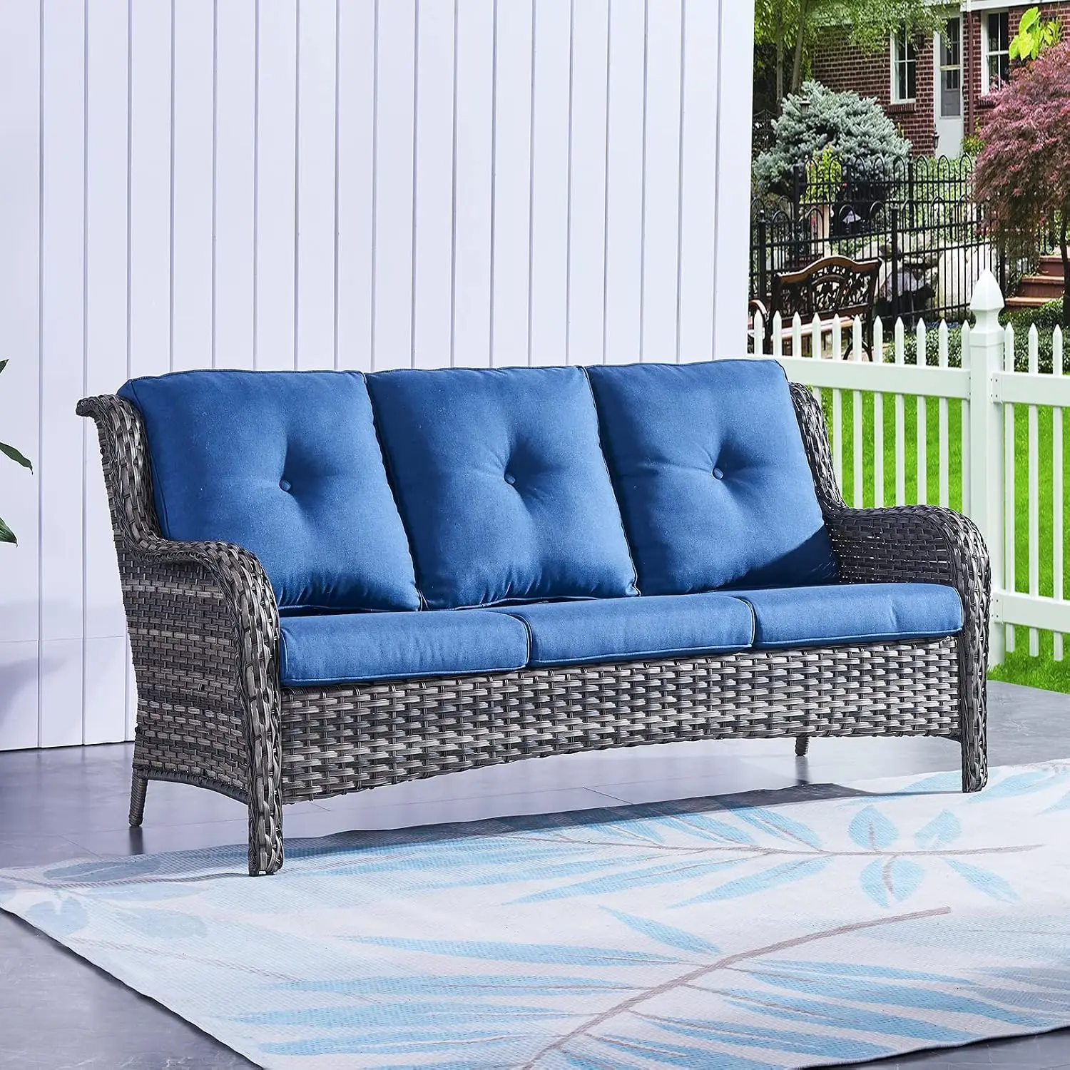 3-Seater Wicker Patio Sofa with Deep Cushions for Porch Deck Garden, Customized