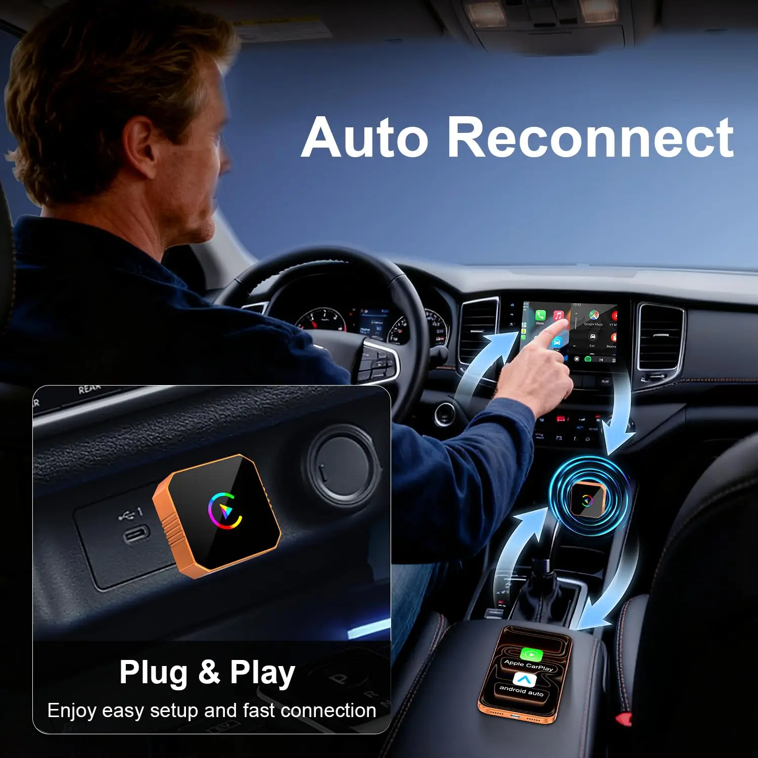 محول Carplay اللاسلكي لهاتف iPhone، CarPlay مع كابل إلى لاسلكي، تصميم Android Auto 2 في 1 Mini USB