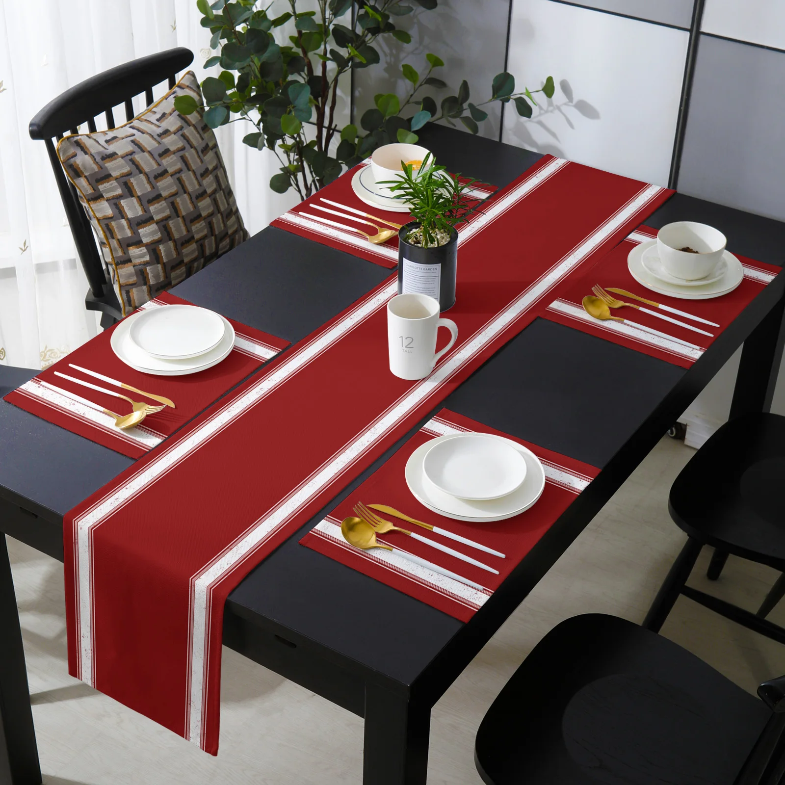 Christmas Valentine Red Stripes Farm Table Runner Set for 4/6 Person Dining Table  Christmas Decor European Tablecloth Tablemat