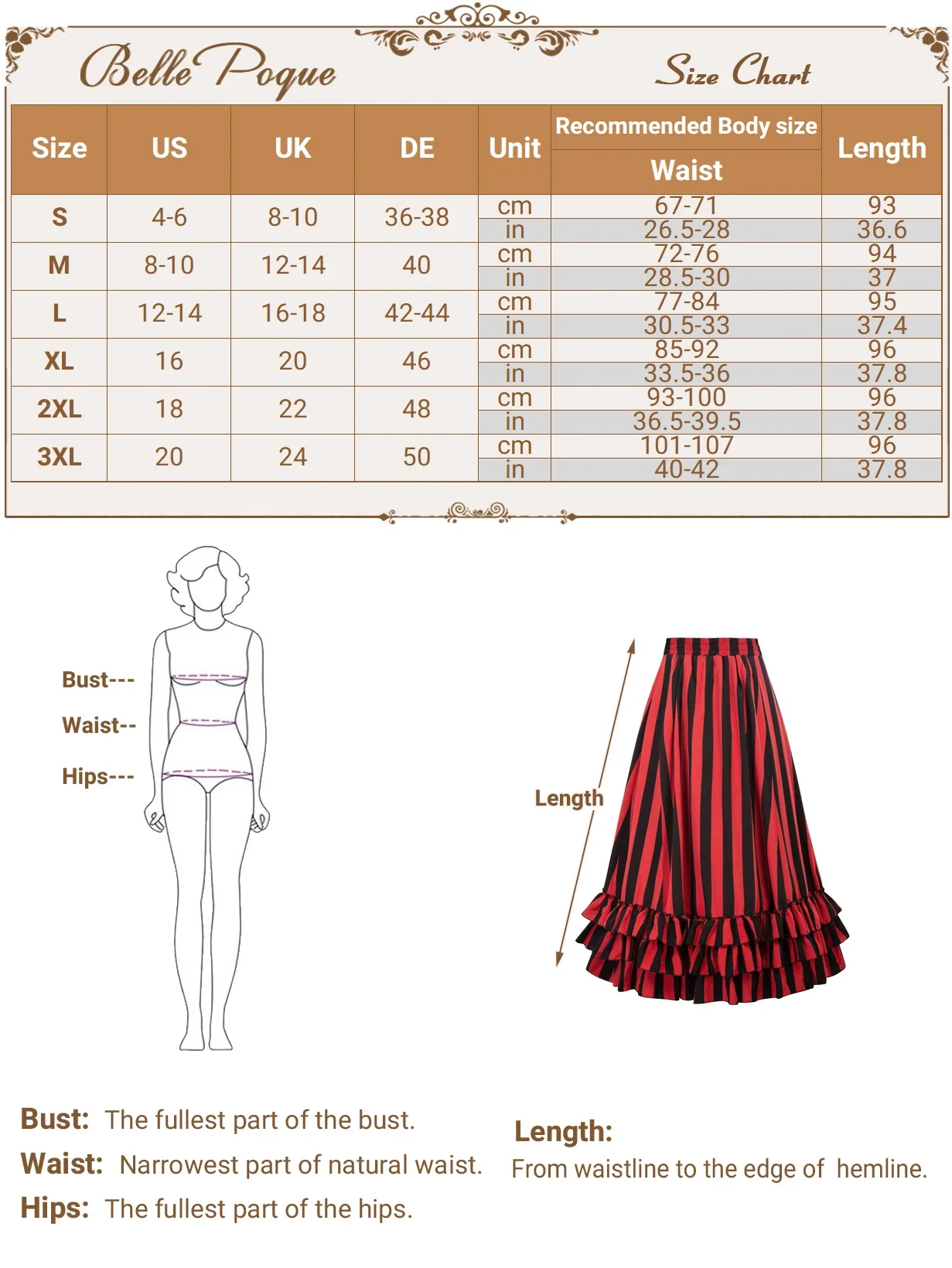 BP Women's Gothic Bustle Skirt High Waisted Vintage Retro Elastic Waist Length Adjustable Stripe Printed Skirts